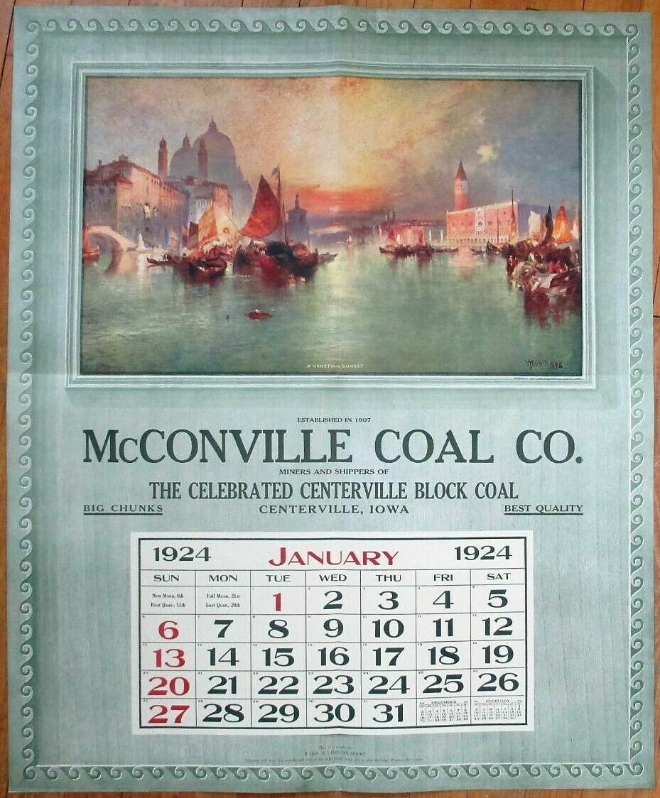 Centerville, IA 1924 Advertising Calendar 26x31 Poster, McConville Coal, Iowa