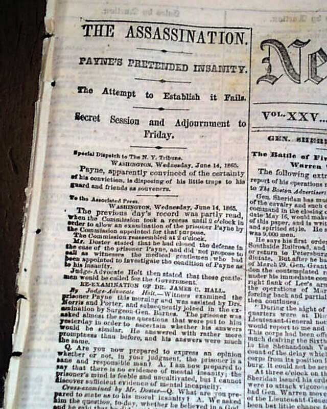 ABRAHAM LINCOLN Assassination Trial of the Conspirators Assassins 1865 Newspaper