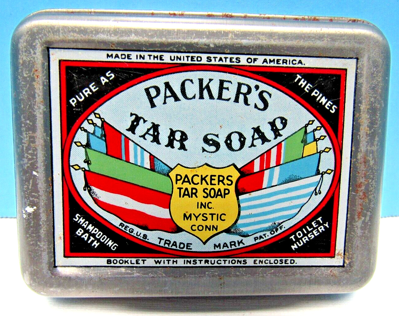 VINTAGE 1930's PACKER'S MULTIPLE USE TAR SOAP TIN (EMPTY) - MYSTIC, CONNECTICUT