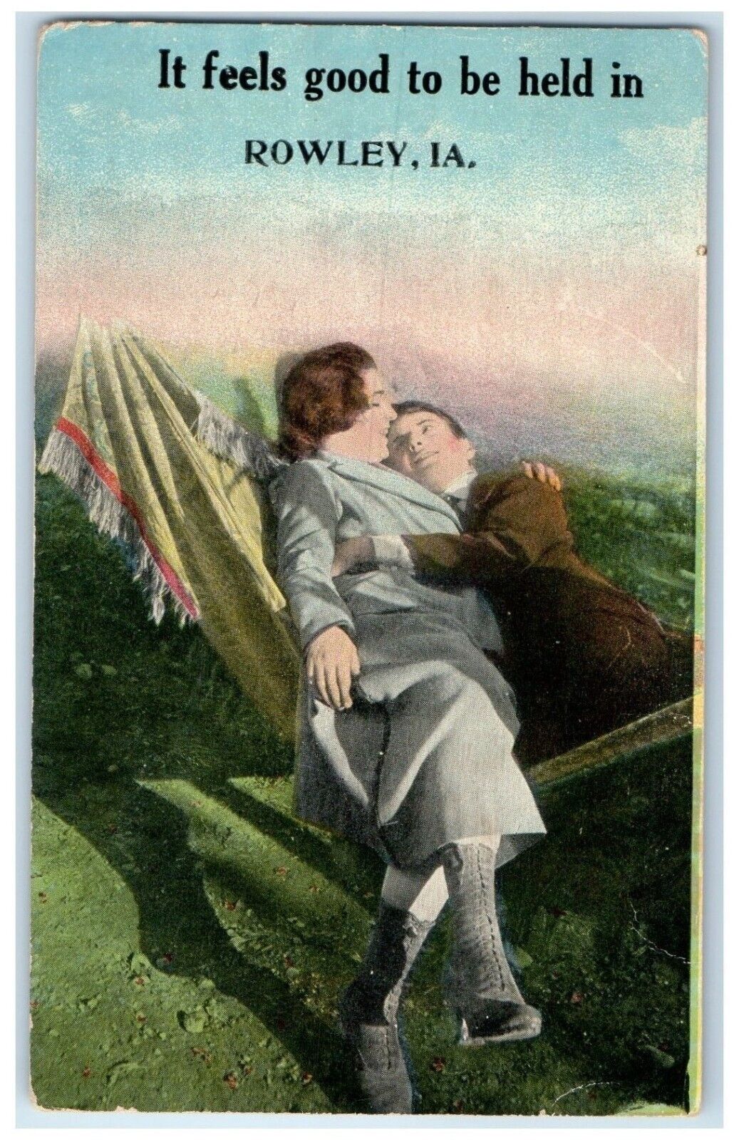 c1910 It Feels Good Held Couple Lovers Rowley Iowa IA Vintage Antique Postcard
