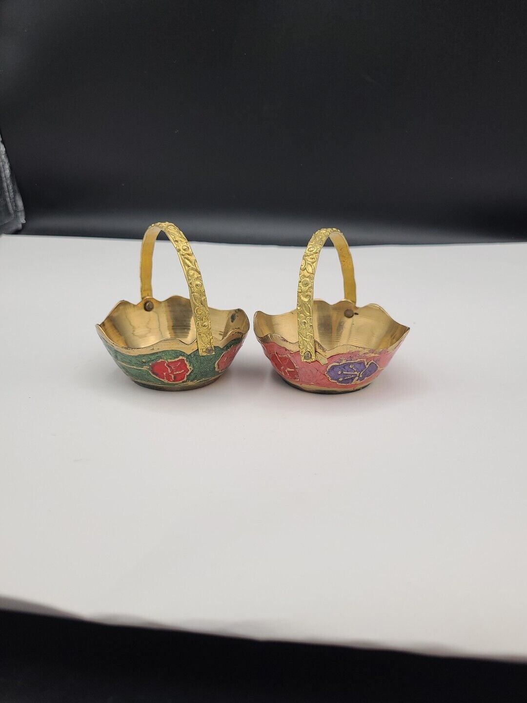 Vintage Miniature Brass Enameled Baskets Trinket Dishes