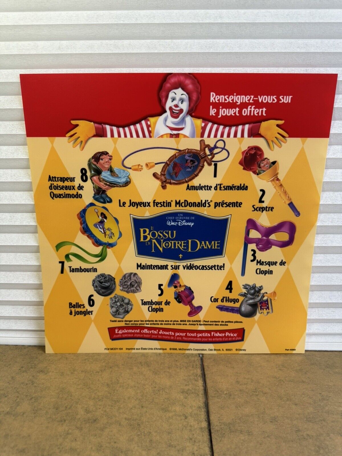Translite  Hunchback Of Notre Dame Disney Happy Meal Toy Display 13” McDonald\'s