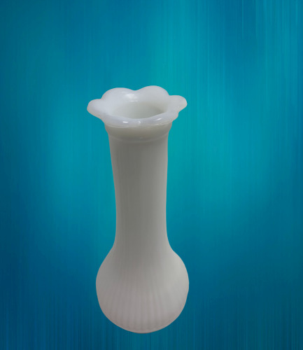 Randall White Milk Glass Bud Vase 6 inch Ribbed Scalloped Ruffled Petal Rim