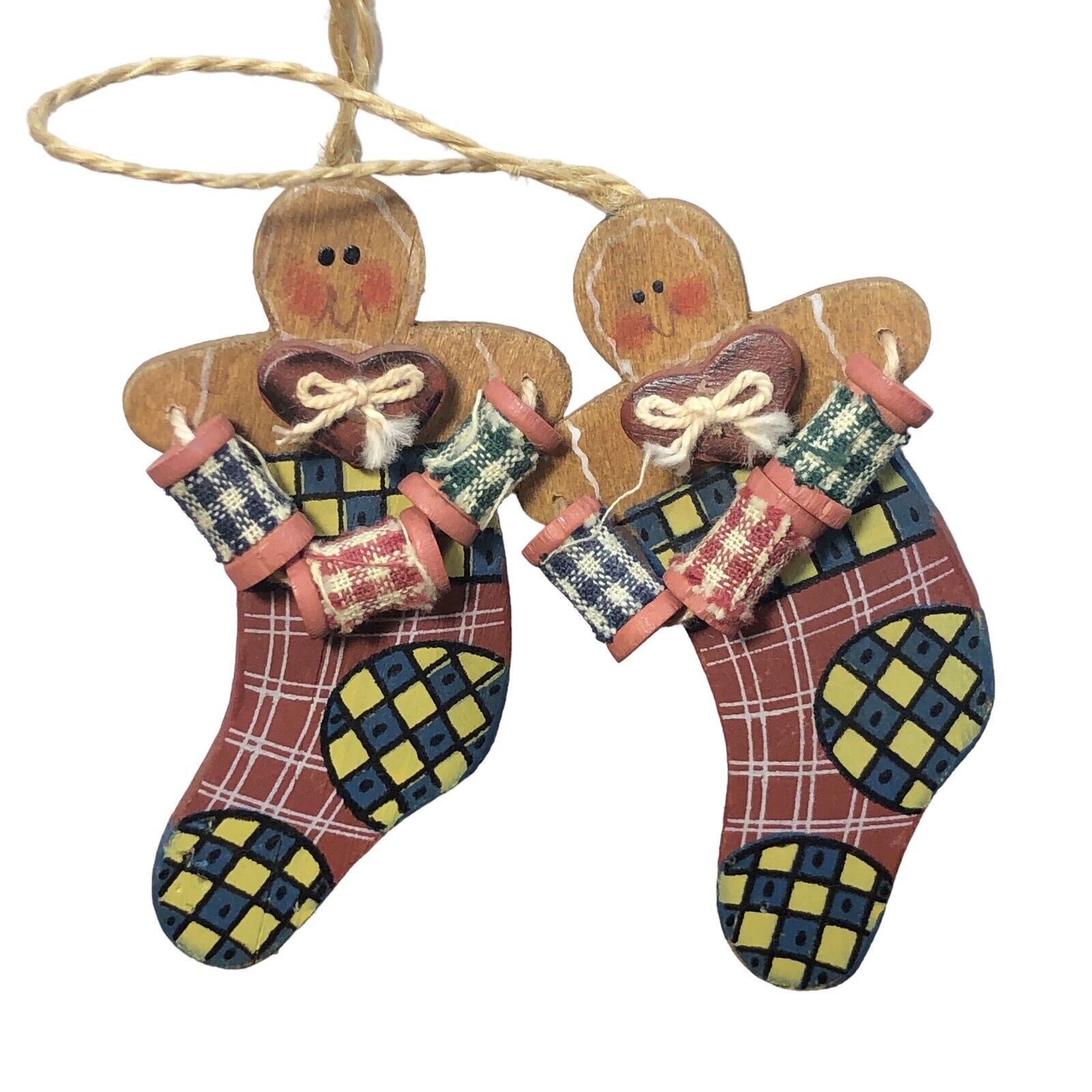 Vintage Primitive Style Gingerbread Man Stocking Quilting Sewing Ornament Lot/2
