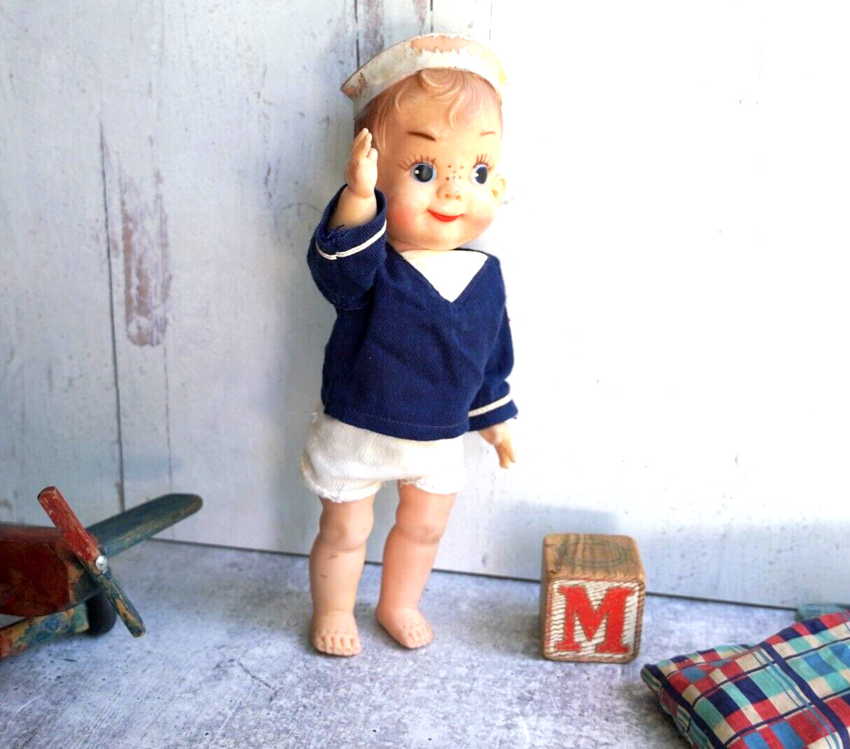Vintage 1950s Effanbee Sailor Boy Mickey Jointed Rubber Doll, 11\