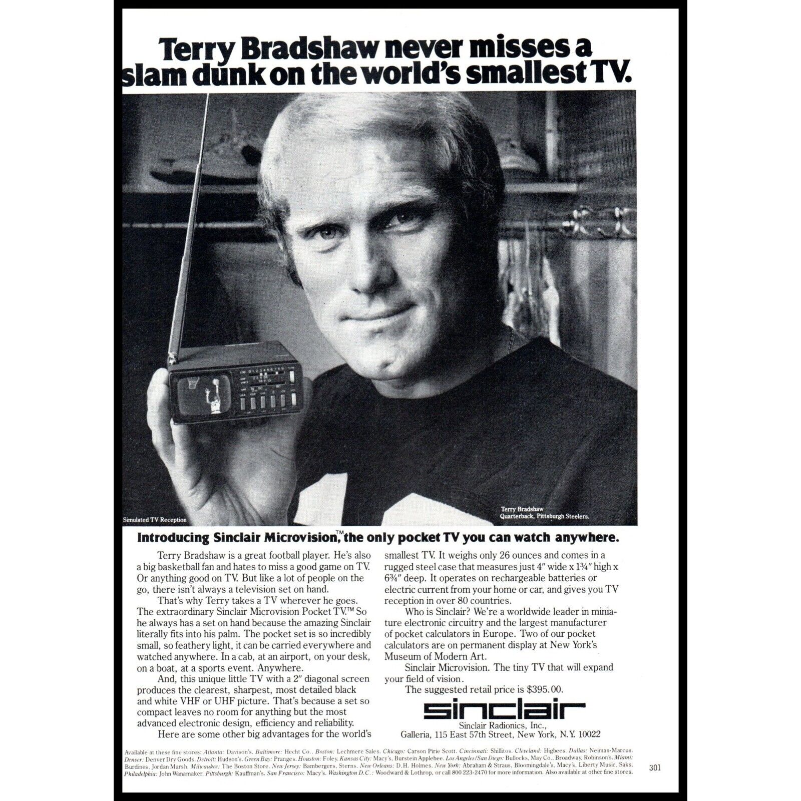 1978 Sinclair Microvision Portable TV Vintage Print Ad Terry Bradshaw Wall Art