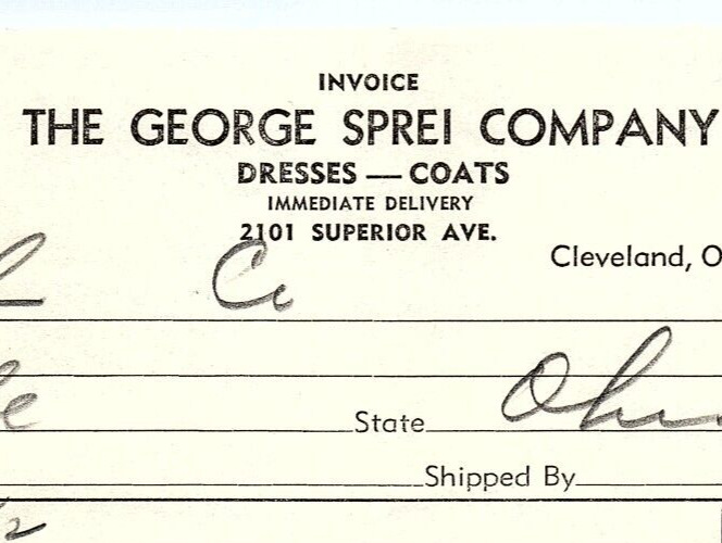 1939 THE GEORGE SPREI COMPANY CLEVELAND OH DRESSES COATS BILLHEAD INVOICE Z2716