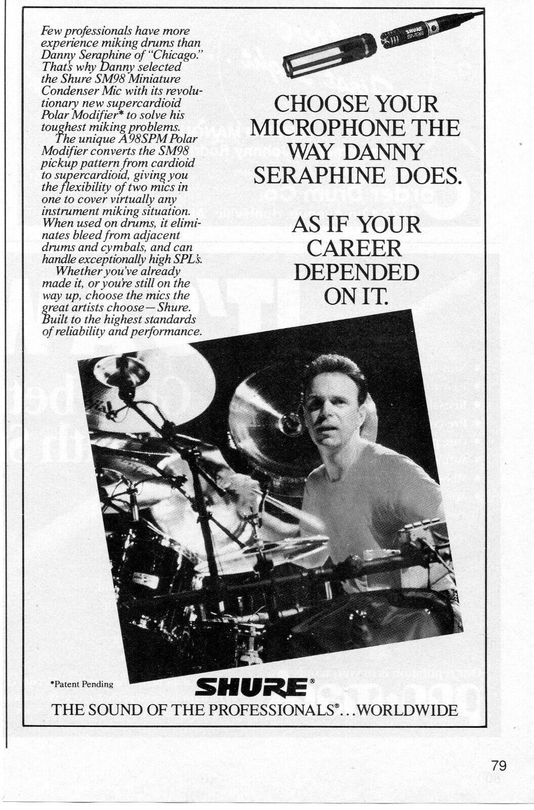 1989 small Print Ad of Shure Drum Microphones w Danny Seraphine of Chicago