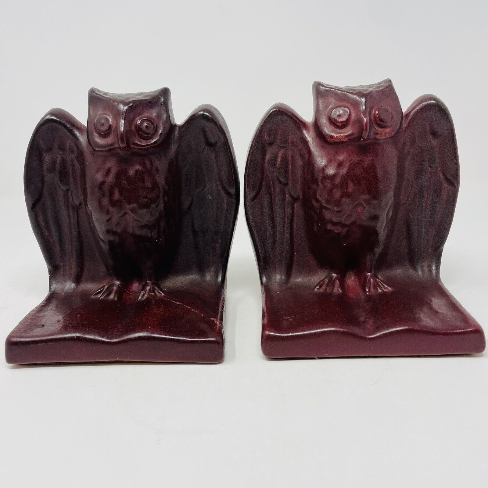 Van Briggle Owl Bookends Mulberry Glaze