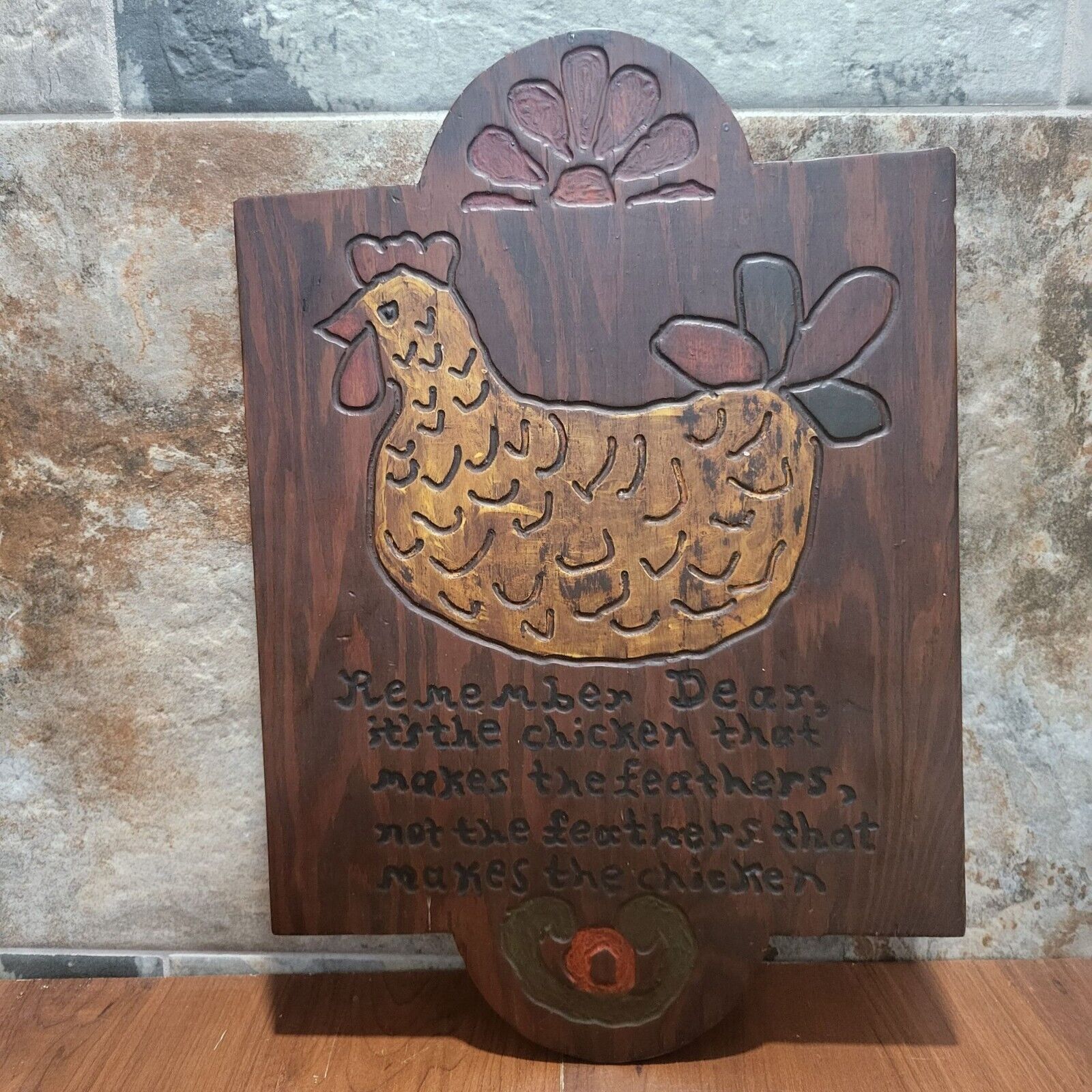 Vintage Wooden Chicken Wall Hanging Decor Its The Chicken That Makes the Feather
