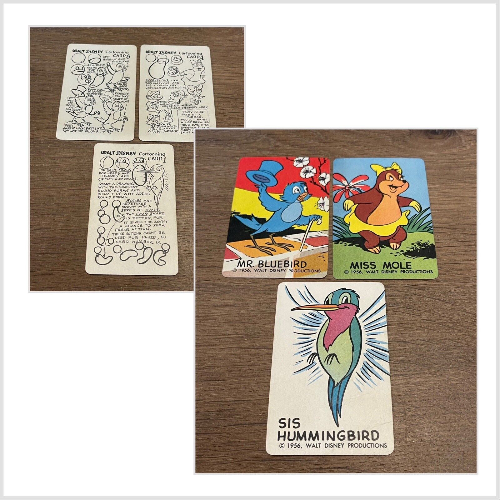 VINTAGE 1956 WALT DISNEY MR BLUEBIRD MOLE SIS HUMMINGBIRD CARTOONING CARDS RARE