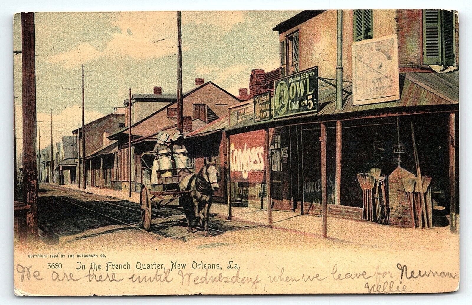 1906 NEW ORLEANS LA FRENCH QUARTER OWL CIGARS SIGN UNDIVIDED POSTCARD P4314
