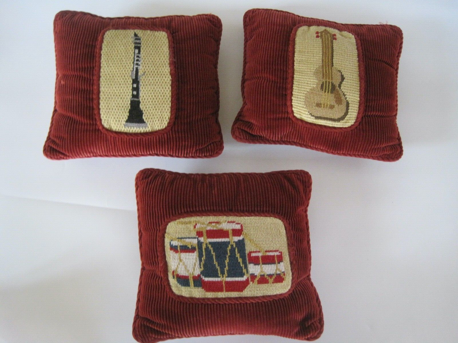 Music Pillows Guitar Drum Clarinet Orange Courdory Stitched Vintage Set 3