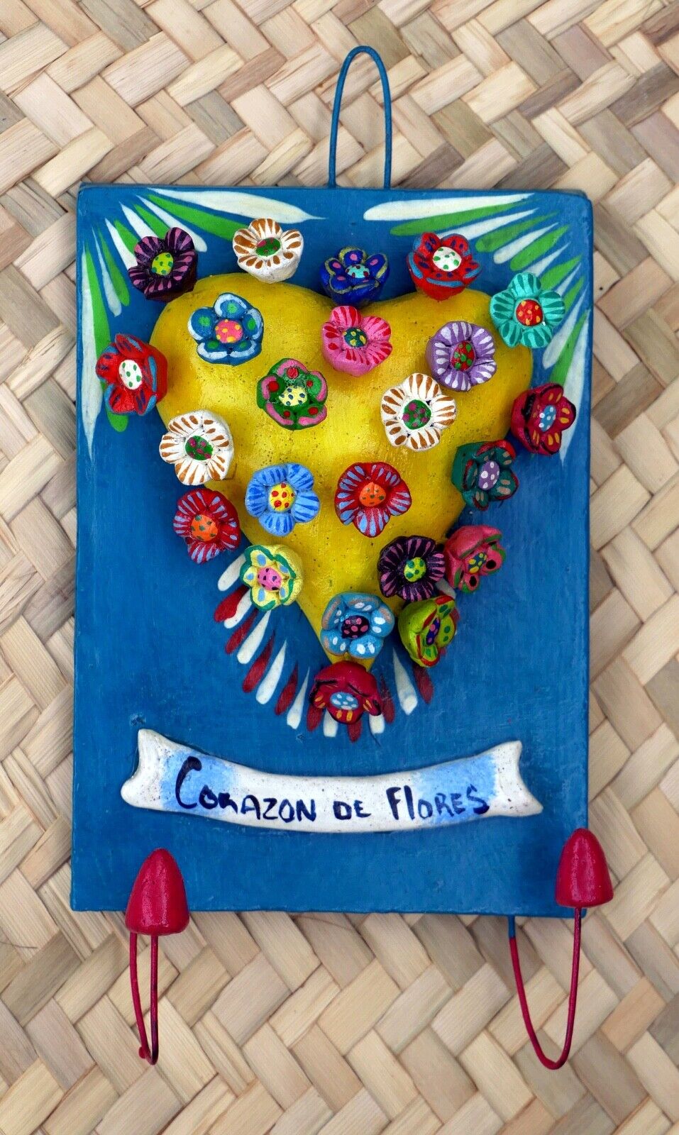 Heart Flowers Tree of Life Style Wall Hook Clay Handmade Ortega Mexican Folk Art