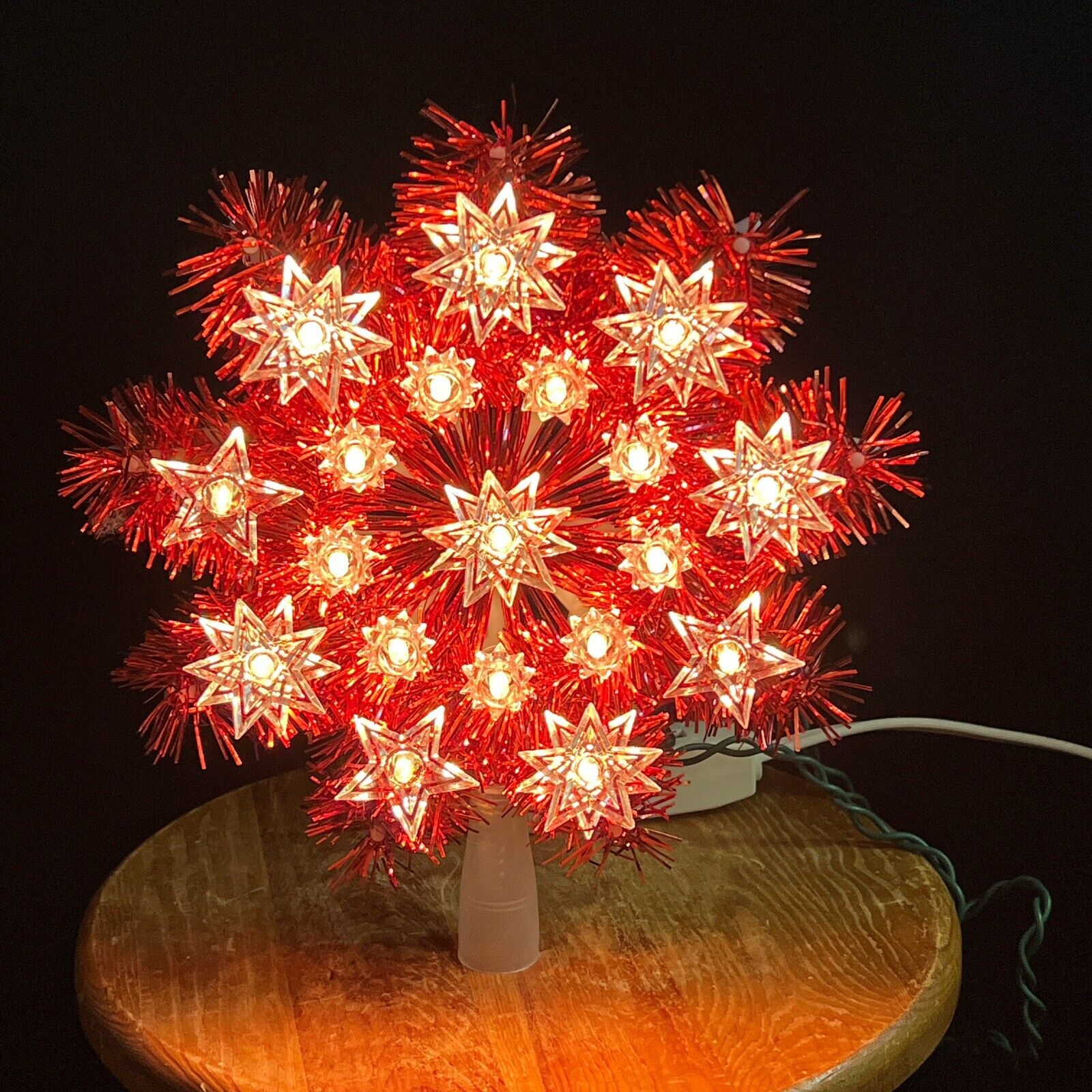 Vintage Red Tinsel Star Christmas Tree Topper Lighted