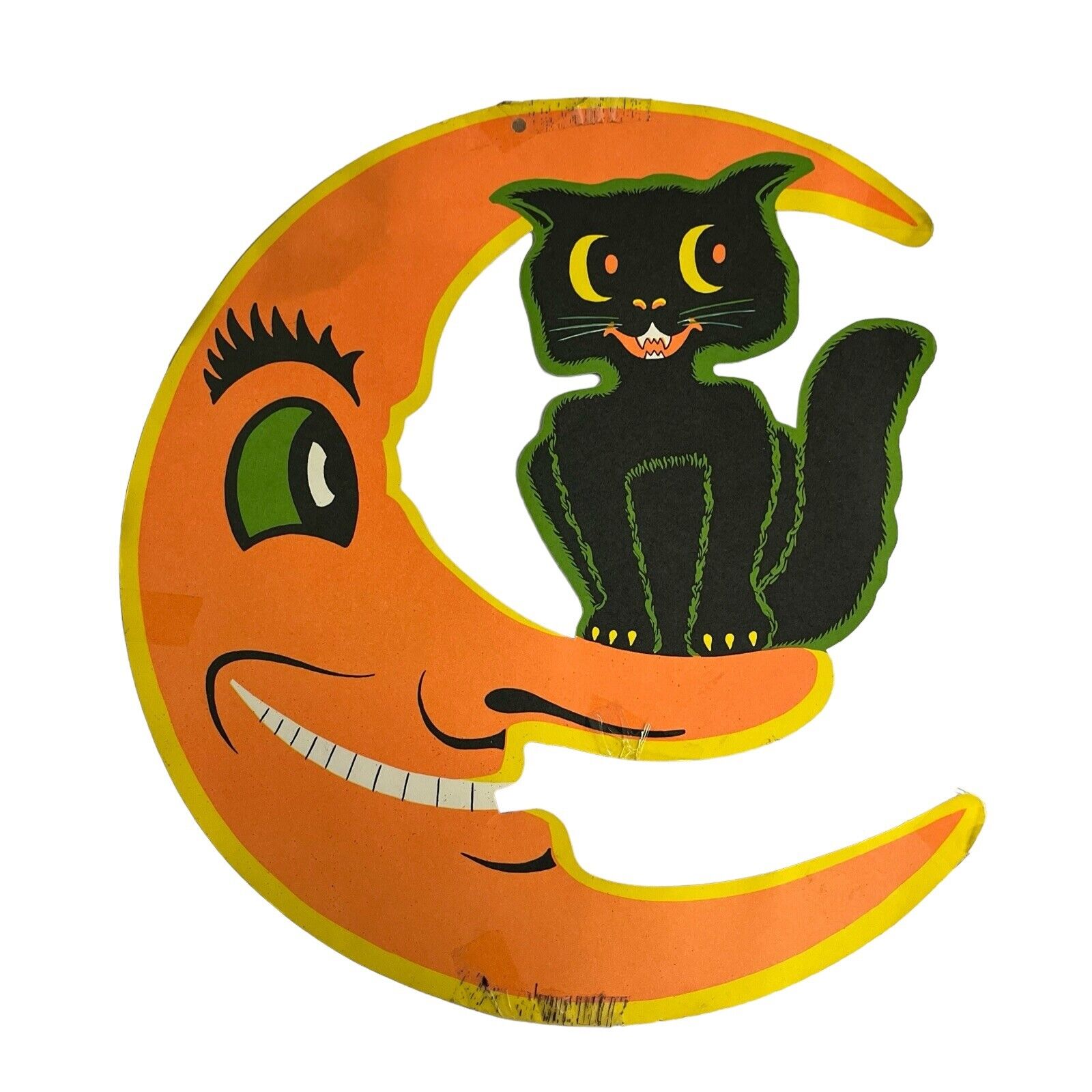 Vintage Halloween Beistle Die Cut Black Cat Sitting on Nose of Crescent Moon 14\