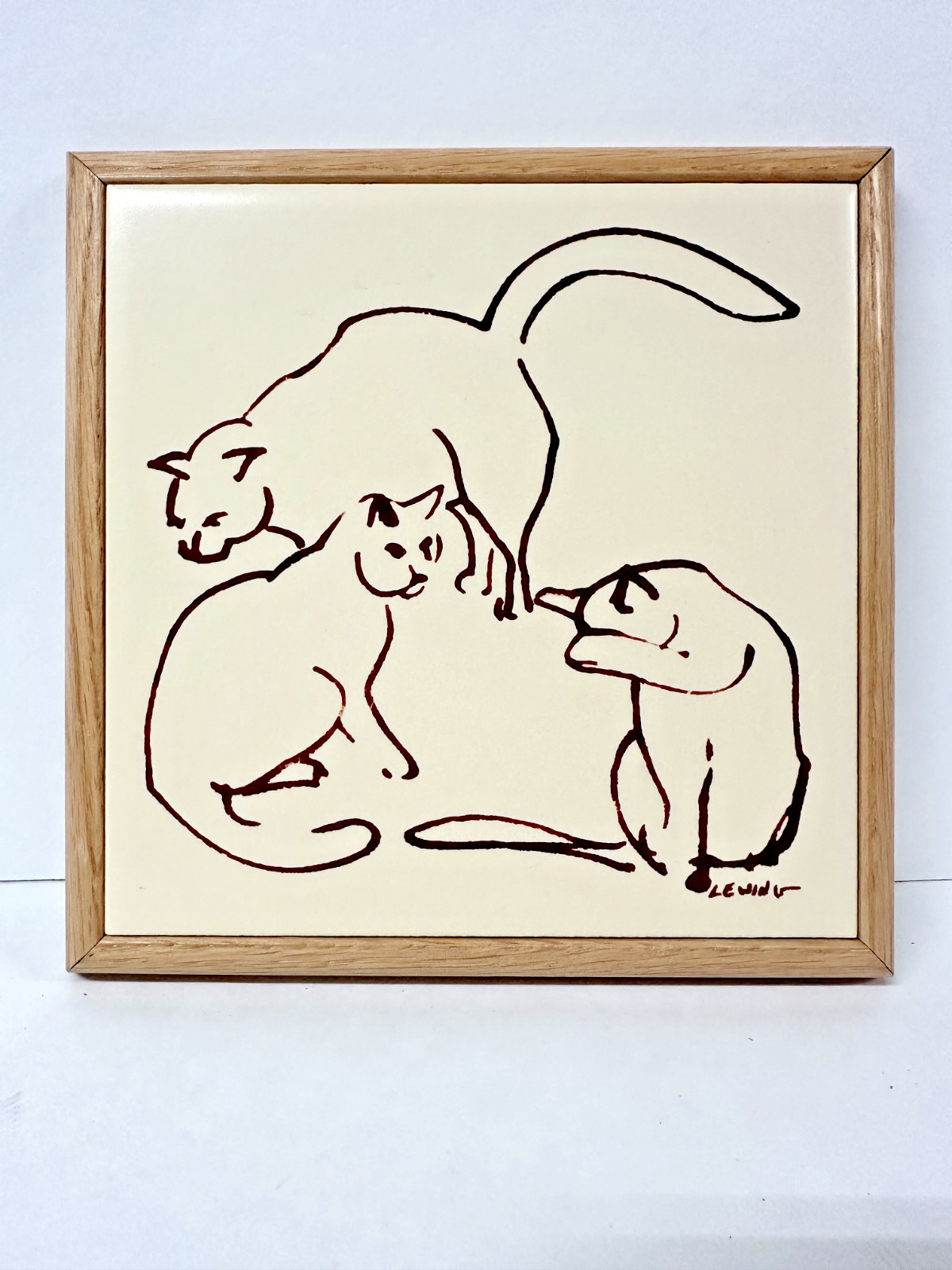 Paul Lewing Ceramic Wall Hanging Tile with Trio of Cats - 7\