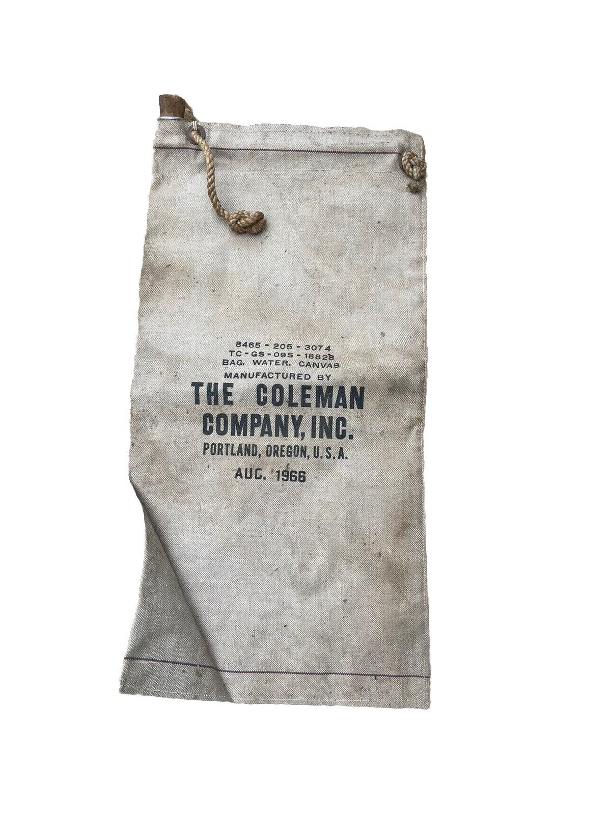 Vintage The Coleman Co Canvas Water Bag Vietnam Era Los Angeles CA August 1966