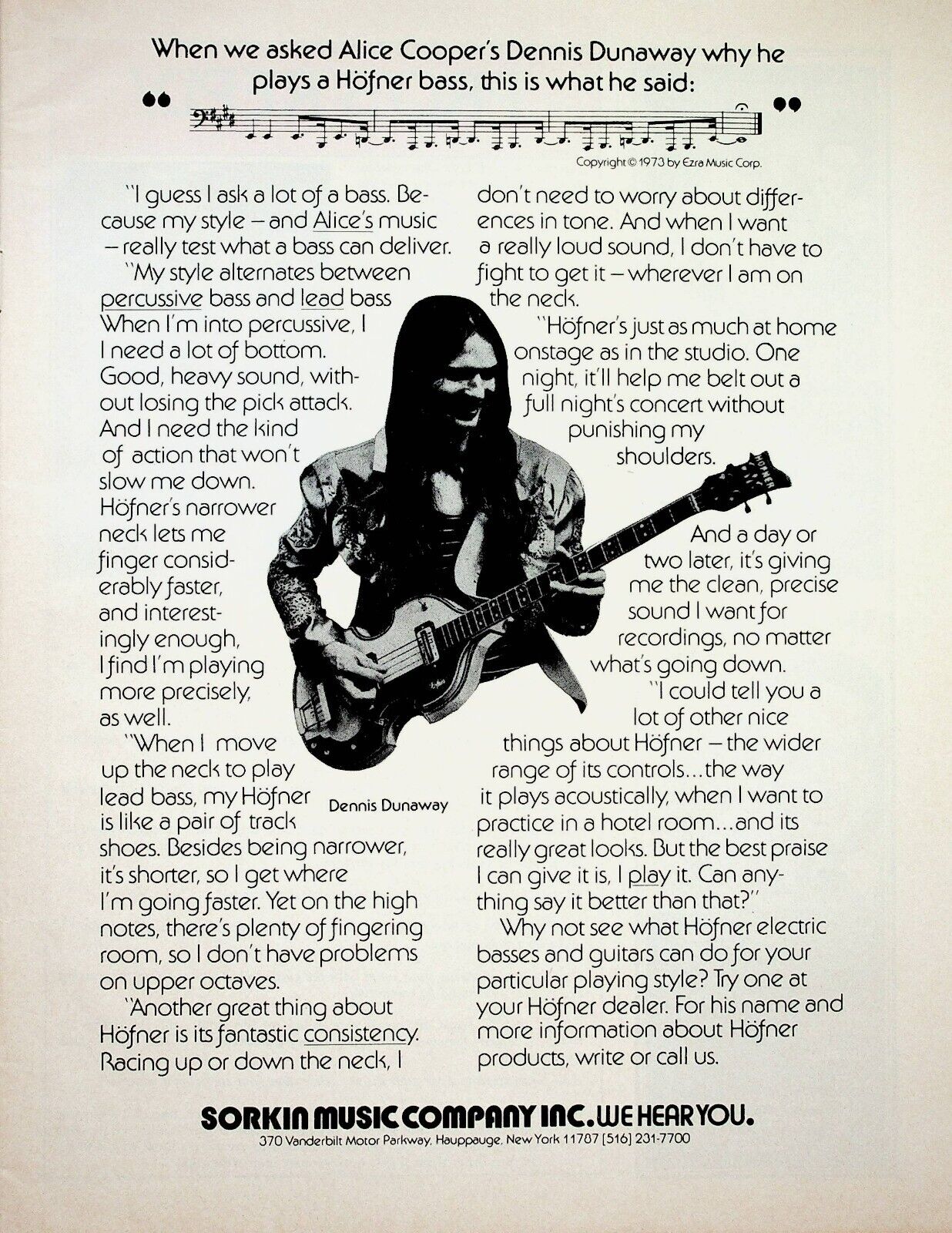 1974 Dennis Dunaway Alice Cooper  Hofner Bass Guitar - Vintage Advertisement