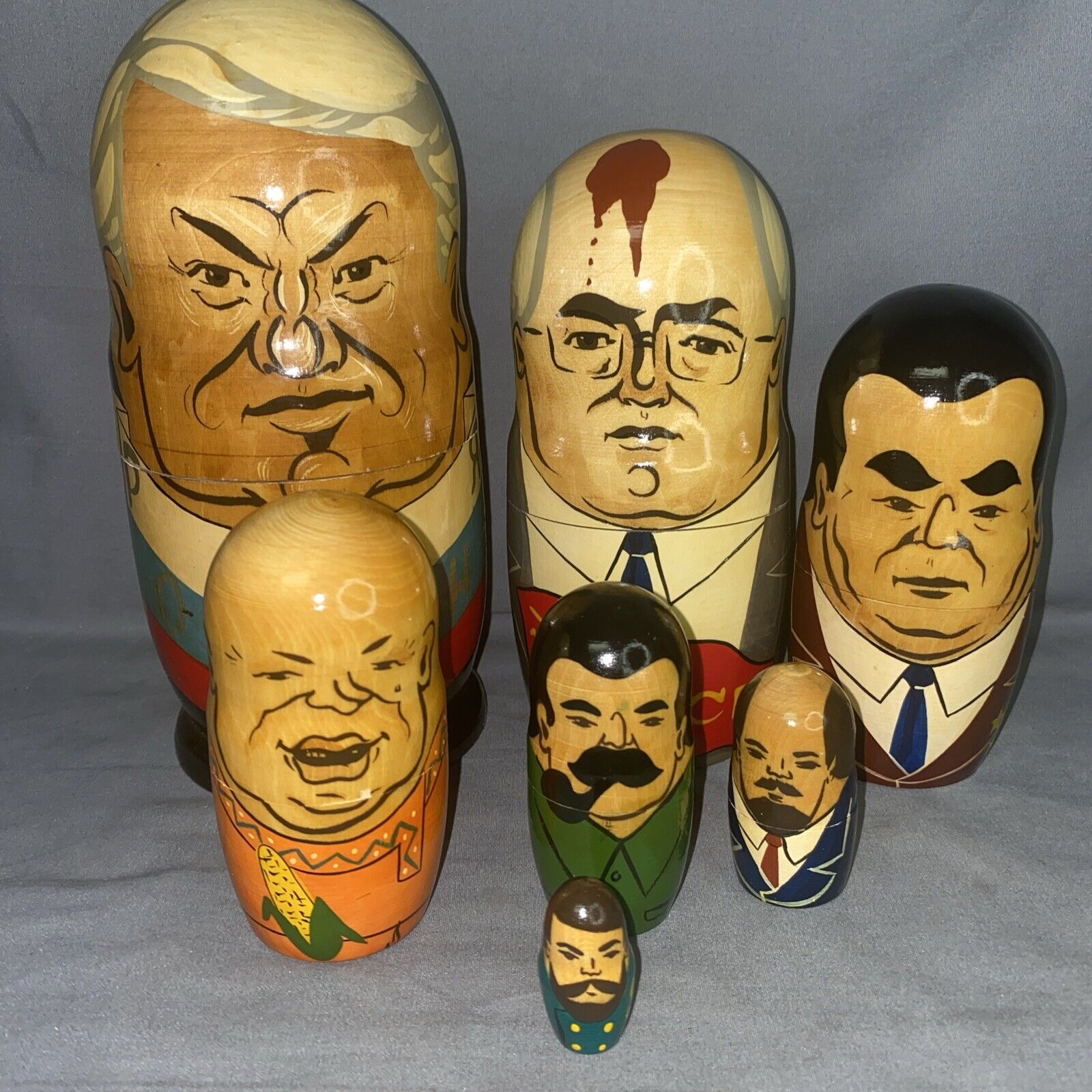 Vintage Russian Soviet World Leaders Nesting Dolls 7 Pc. Set Hand Painted