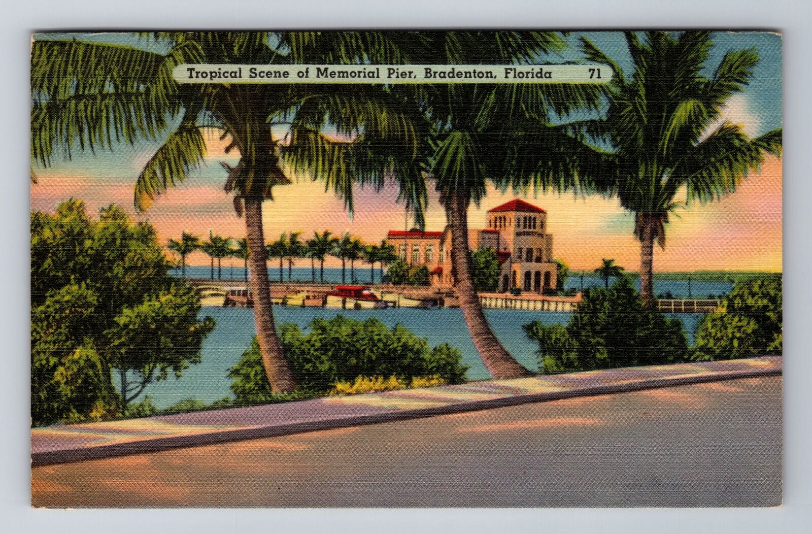 Bradenton FL-Florida, Tropical Scene Of Memorial Pier, Vintage c1945 Postcard