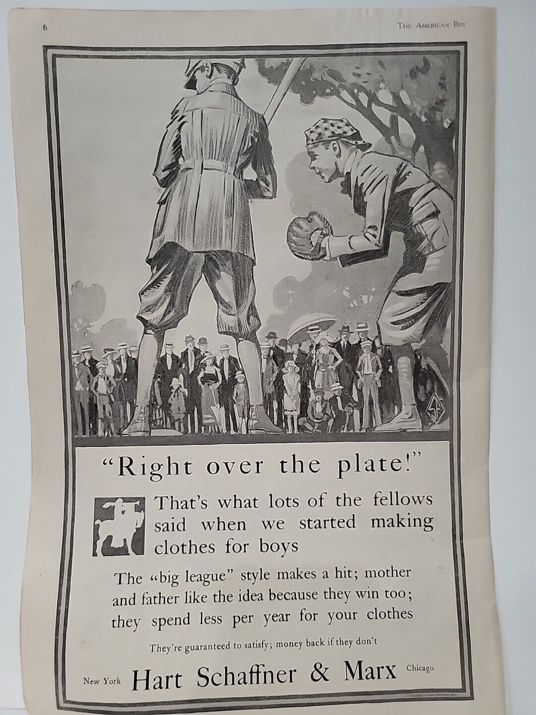 Hart Schaffner & Marx 1920 Print Ad American Boy Clothing Baseball Batter Fans
