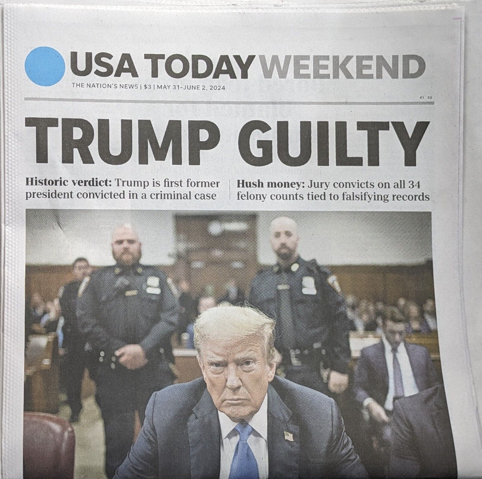 ☑️ USA Today 5/31/24, May 31 2024, Convicted Donald Trump Guilty Collectable Art
