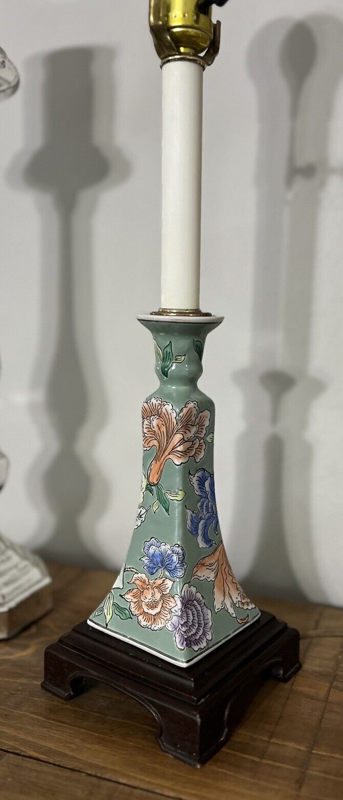 Table Lamp with Flowers Wood Base Vintage Chinese Porcelain