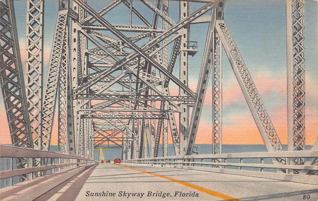 Bradenton Florida~Ship Channel Bridge Sunshine Skyway~1940s Linen Postcard