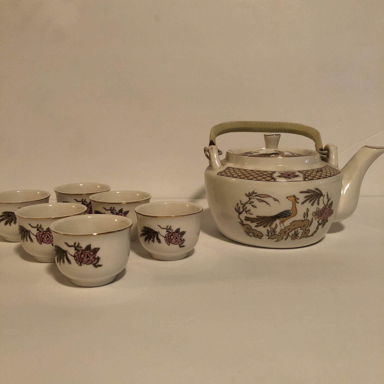 Vintage HAENG NAMSA Korean Snow Bone China Tea Set w/ Pheasant Design Pot