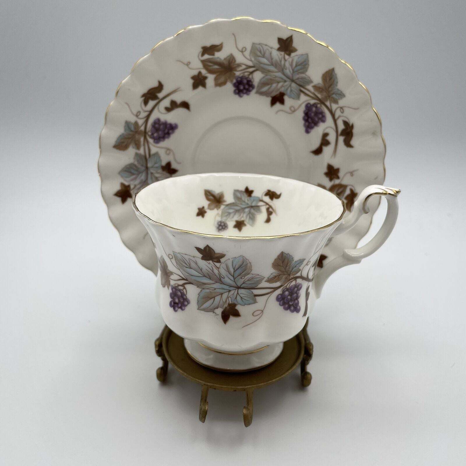 Vintage Royal Albert Tea Cup and Saucer with Grapes & Blue/Brown Leaves