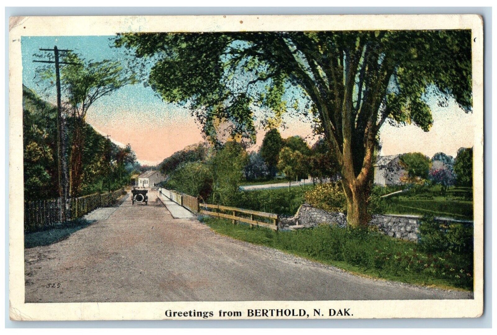 Berthold North Dakota Postcard Greetings Classic Car Bridge 1920 Vintage Antique