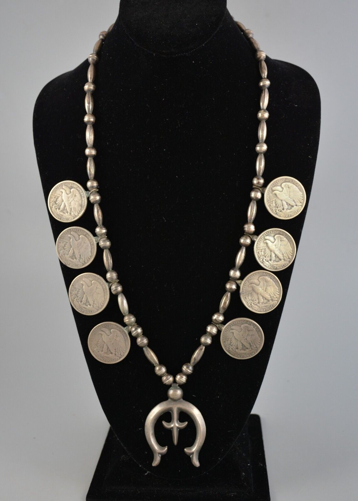 Old Pawn Navajo Squash Necklace with Old Silver Coins & Silver Cast Naja