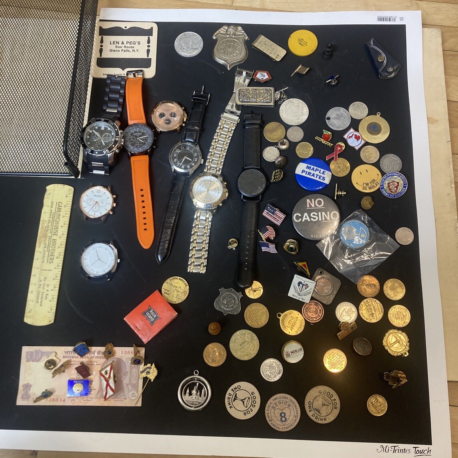 POP's VINTAGE Junk Drawer- MORGAN DOLLAR/2 ROTARY WATCHES/LIONS PINS/COINS etc.