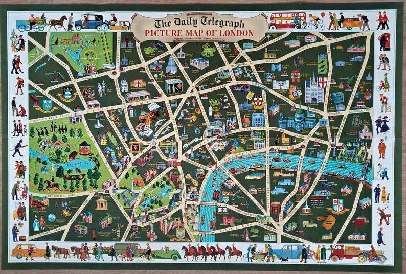 c.1950 The Daily Telegraph London Picture Map Vale Studios Geographia Pictorial