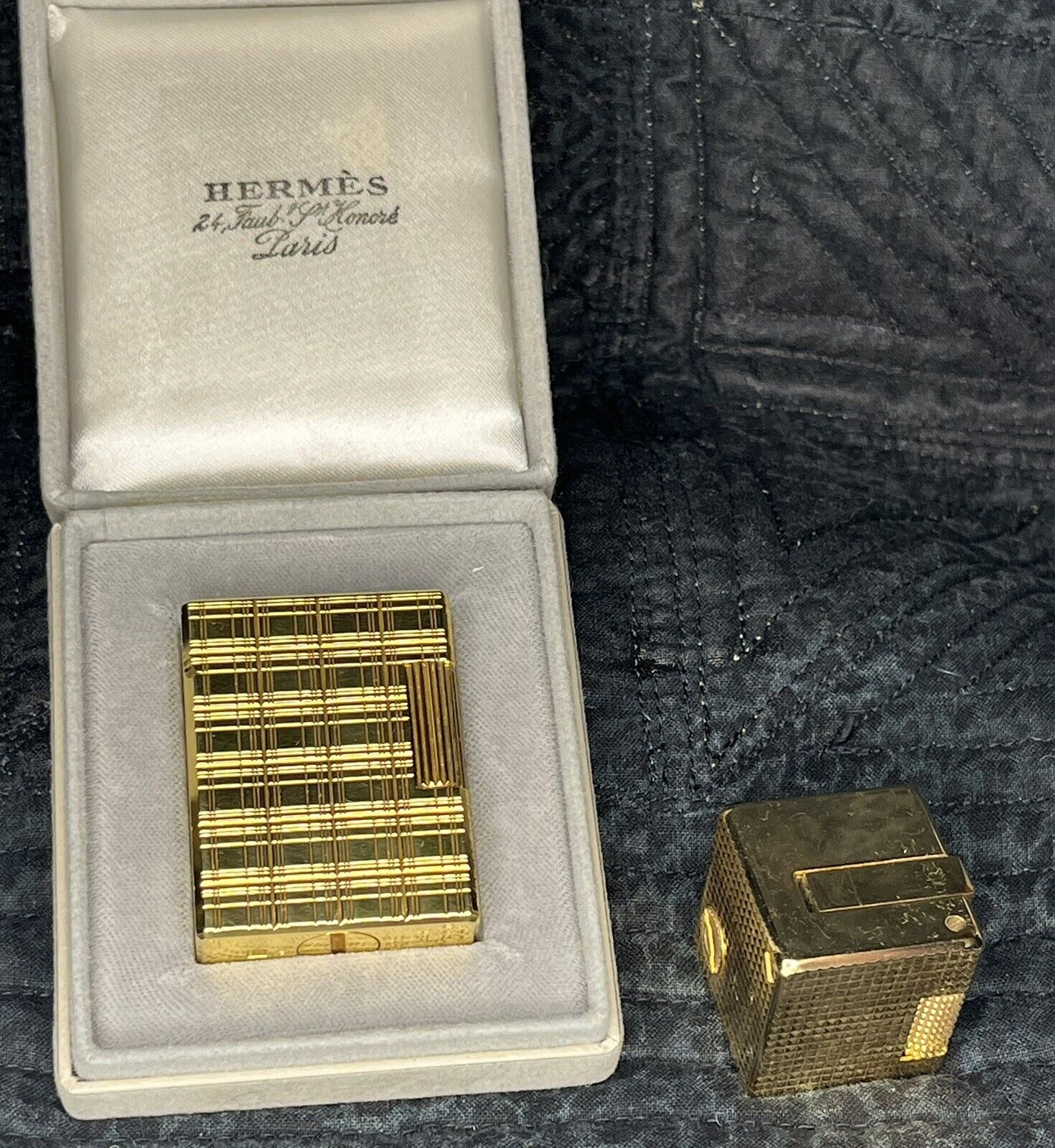 ST Dupont Hermes Lighter Gold Prince Of Wales Plaid Design W/ Original Box Bonus