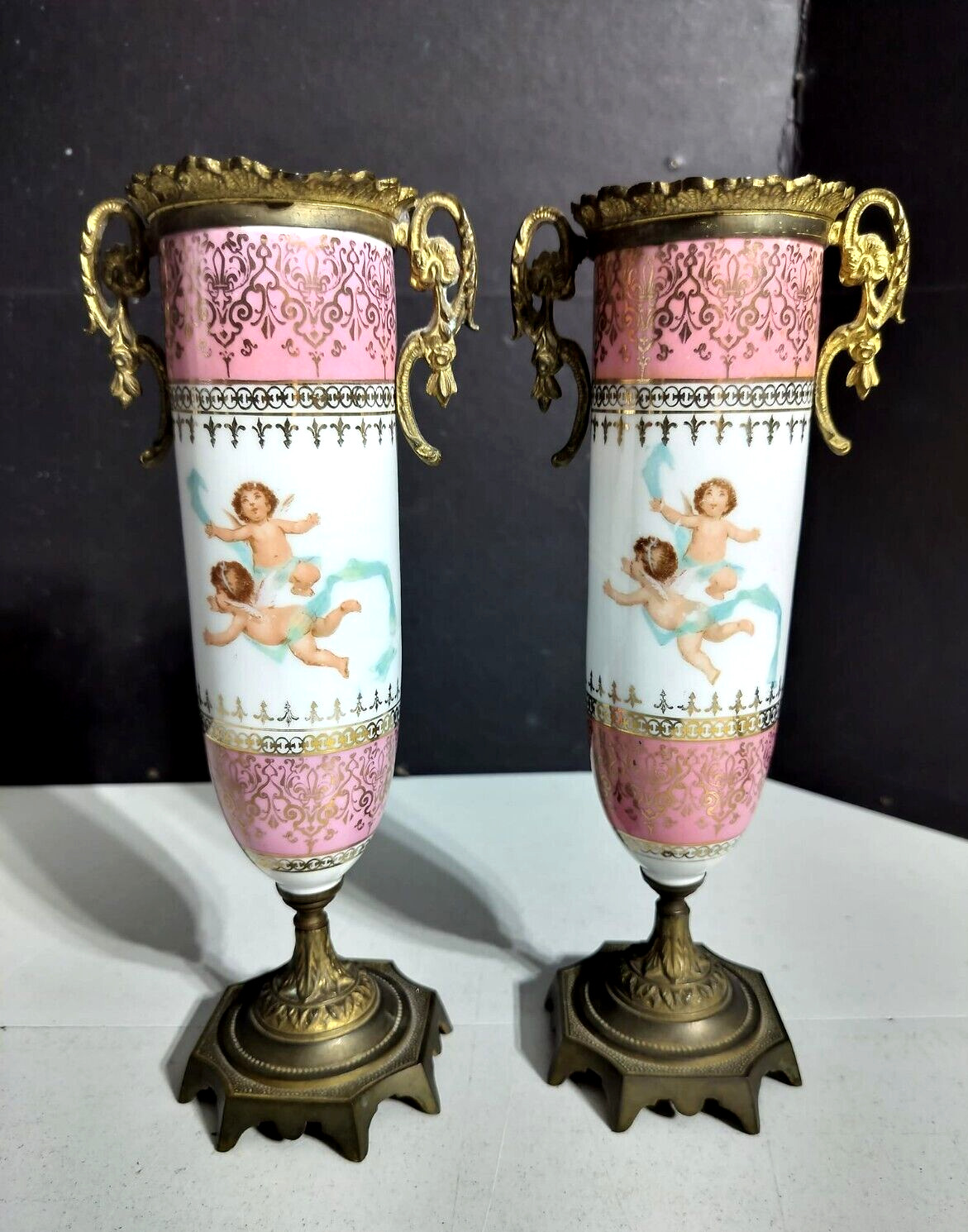 Antique Sevres Style Porcelain & Bronze Vases Couple, 9.5