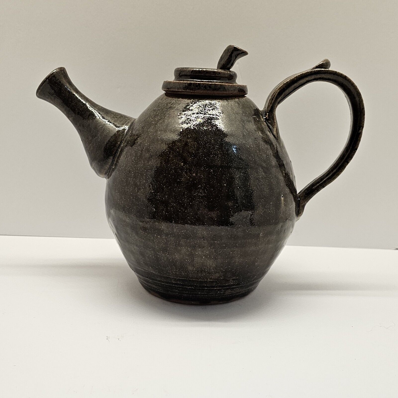 Vintage Clay Teapot with Lid Handmade Primative Style Green/Brown Molted Glaze