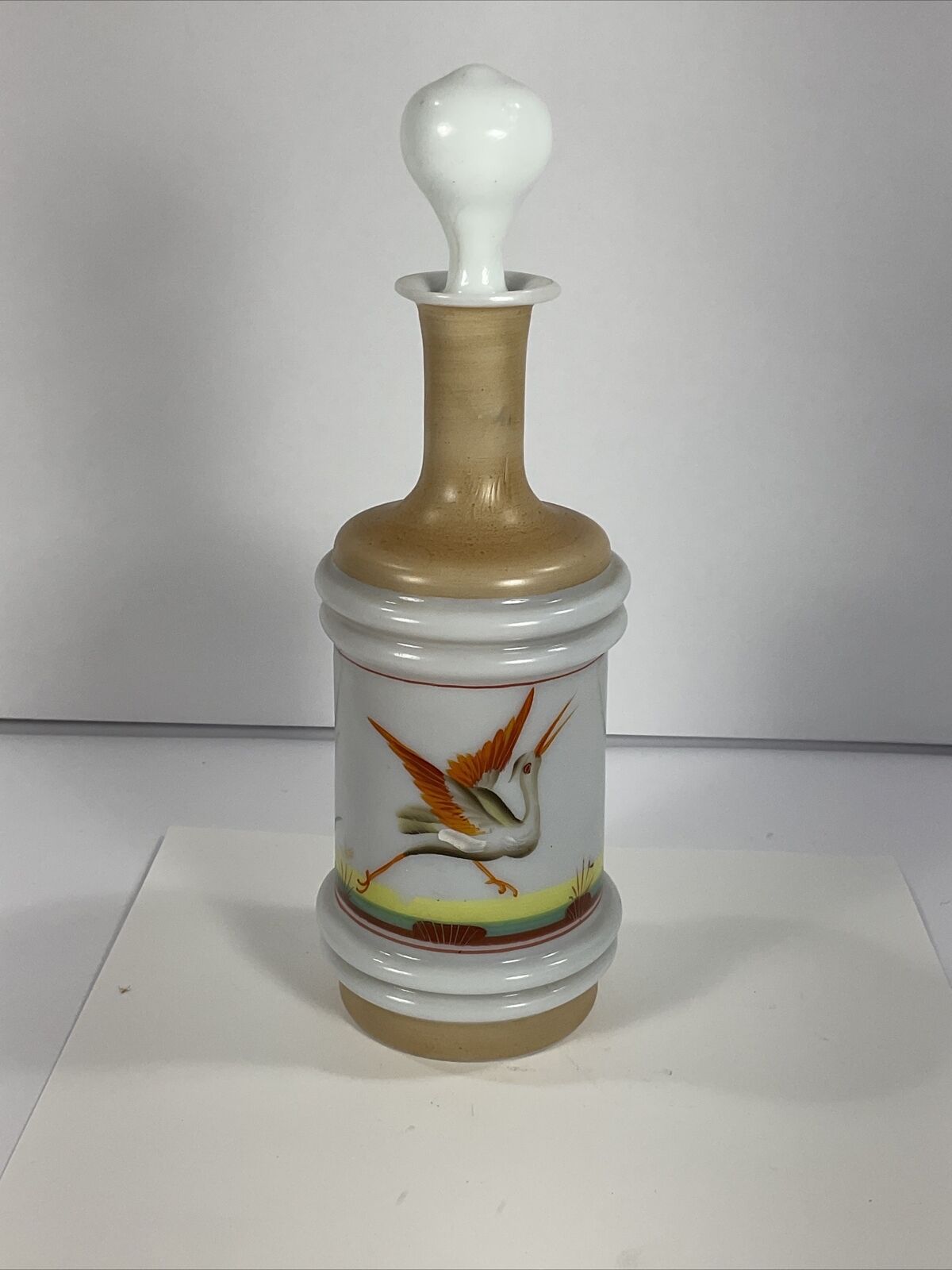 Antique Early 1900s Barber Bottle Hand-Painted Heron Bird Milk Glass Shaving