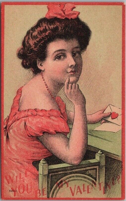 Vintage 1910s VALENTINE'S DAY Greetings Postcard Girl / Love Letter #5000