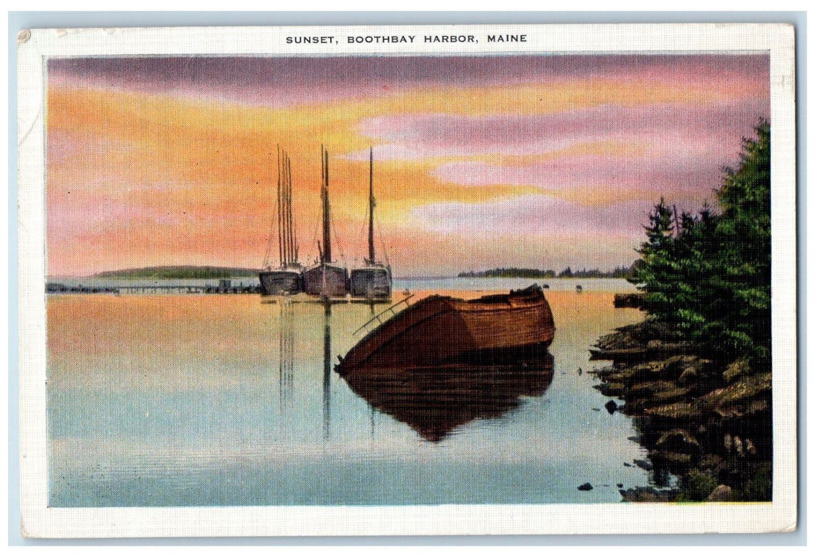 1945 Sailboats Scene Sunset Boothbay Harbor Maine ME Vintage Postcard