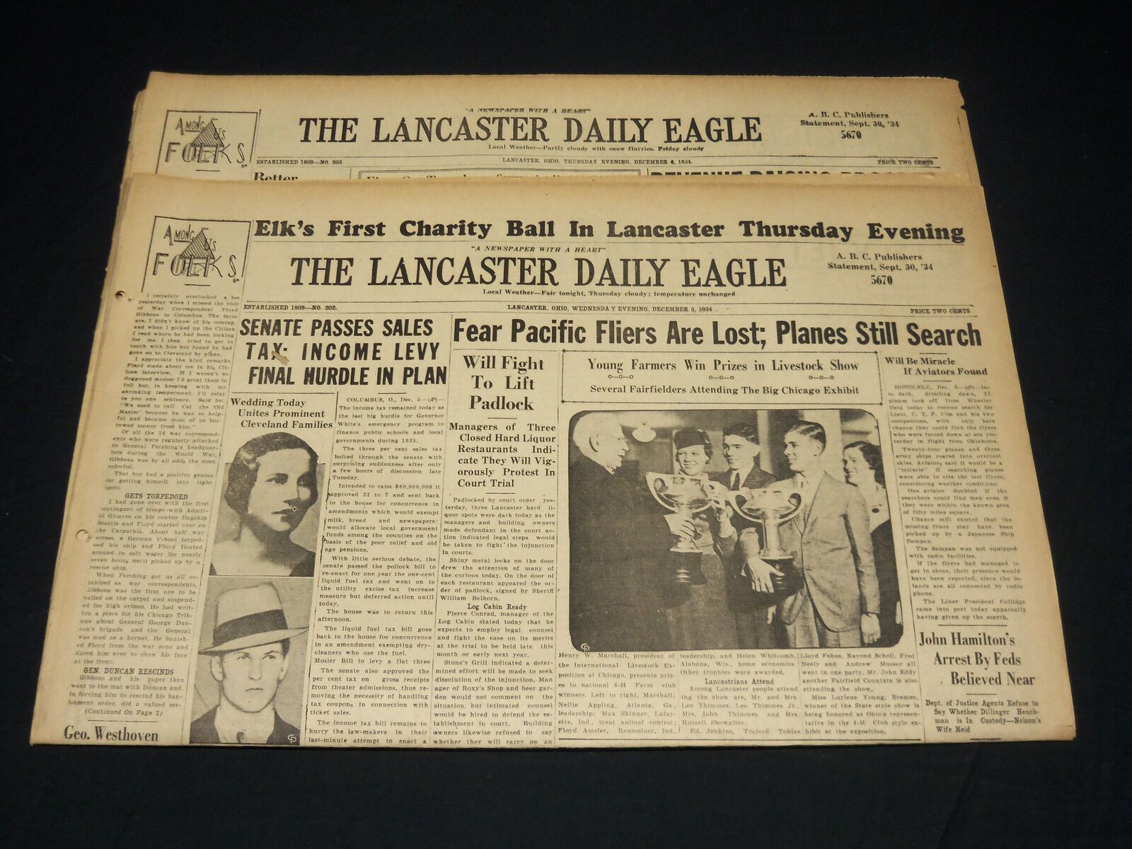1934 THE LANCASTER DAILY EAGLE NEWSPAPER LOT OF 2 ISSUES - OHIO - NP 4860