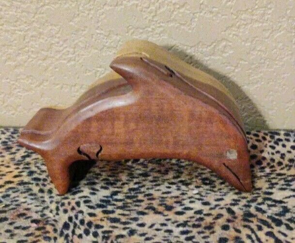 Vintage Hand Carved Wooden Dolphin Puzzle Trinket Box EUC