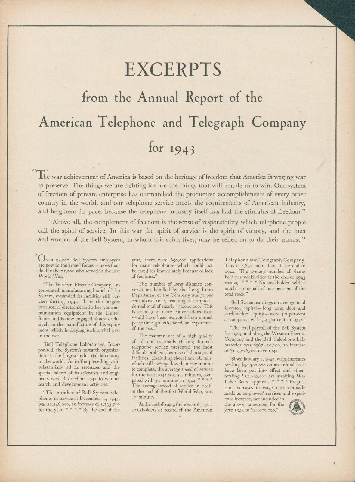 1944 WWII AT&T Excerpts From 1943 Annual Report War Achievement Vtg Print Ad L32