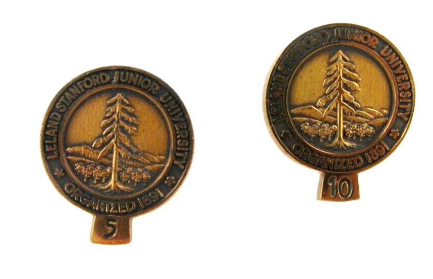 Vintage Leland Stanford Junior University Mountain Tree 5 & 10 Lapel Pin Set
