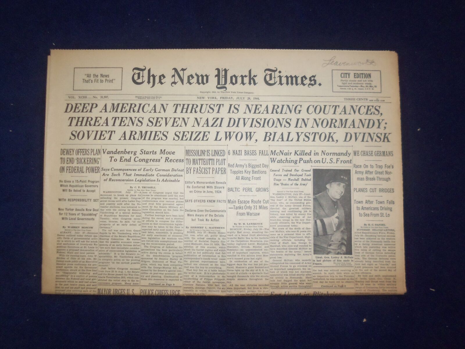 1944 JULY 28 NEW YORK TIMES - DEEP AMERICAN THRUST IS NEARING COUTANCES- NP 6596