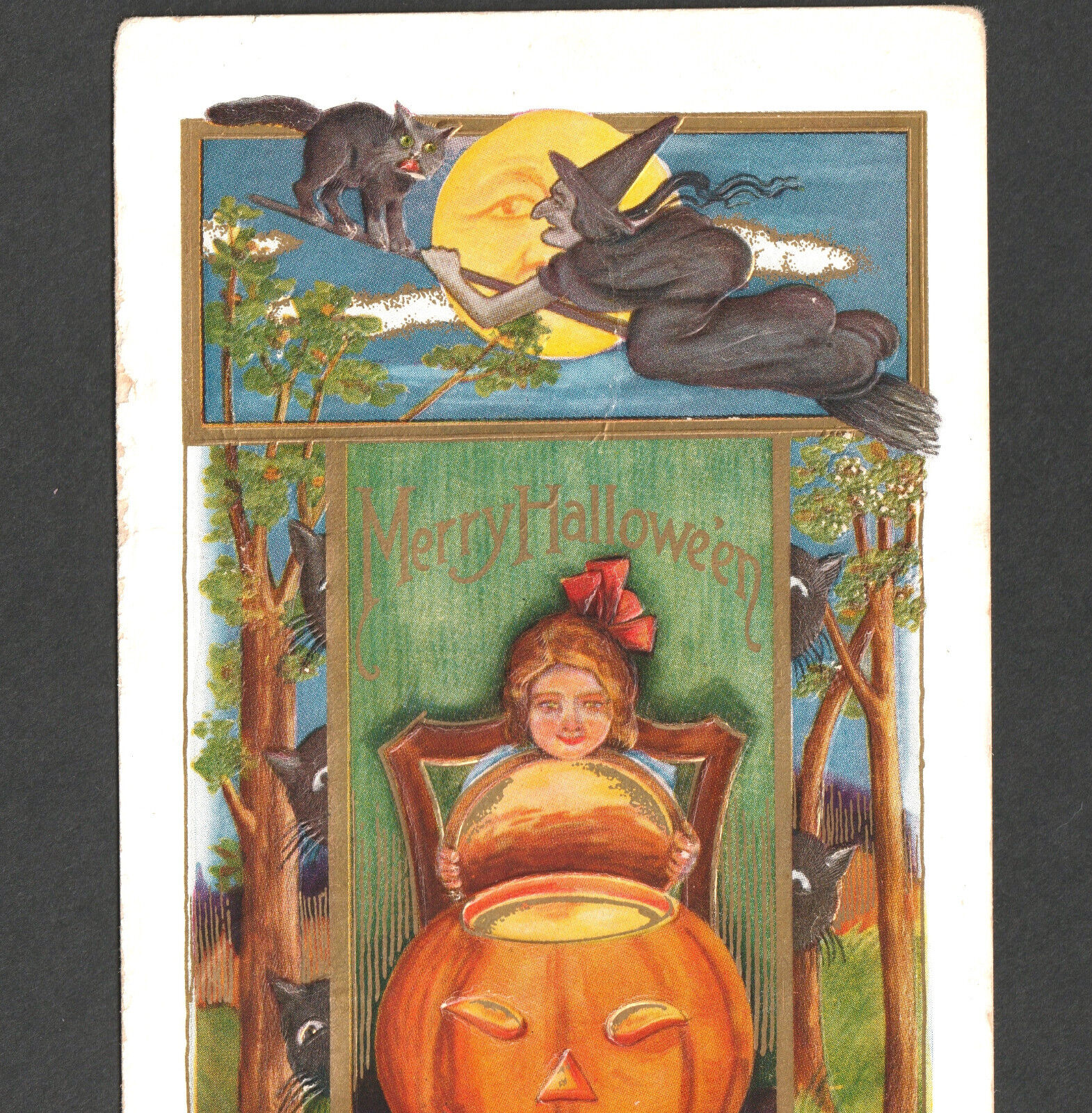 Merry Halloween Witch 1912 Pumpkin Jack-O-Lantern Cat Whitney WH43 (2) PostCard