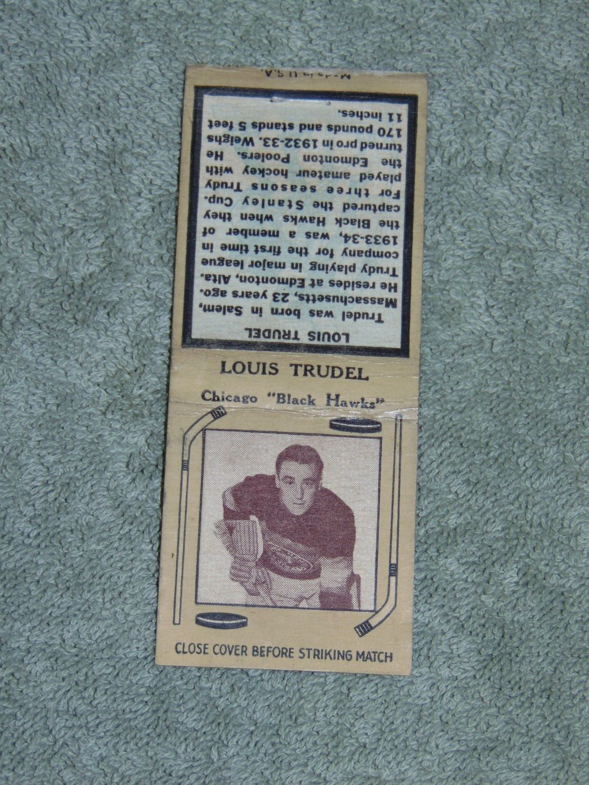 CIRCA 1930\'s DIAMOND MATCHBOOK HOCKEY COVER: LOUIS TRUDEL, CHICAGO BLACKHAWKS