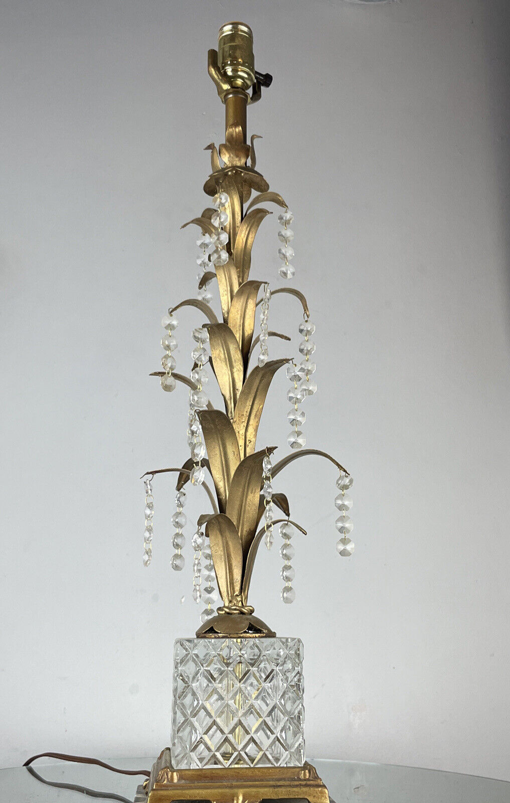 L&L Loevsky Crystal Lamp Pineapple Leaf Italy Toleware Vintage Hollywood Regency