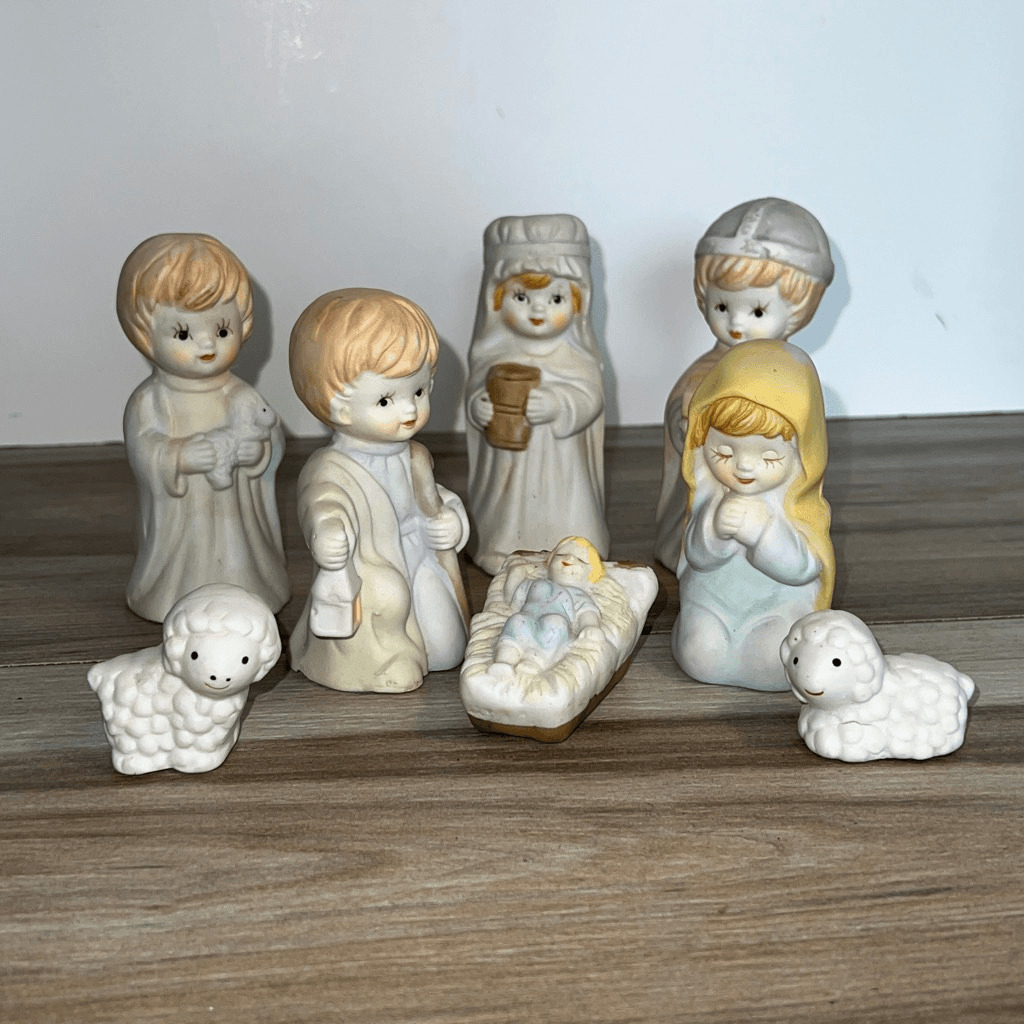 Nativity Set Vintage Christmas Ceramic Bisque 8 Piece